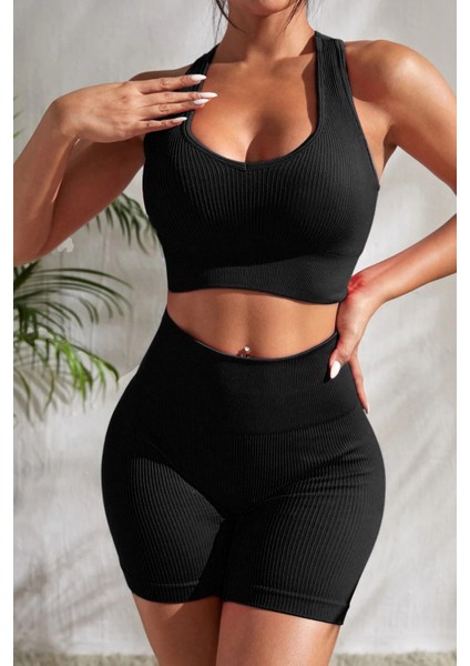 Kadın Siyah Yüksek Bel Çapraz Sırt Detaylı Şortlu Gecelik Takım