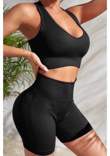 Kadın Siyah Yüksek Bel Çapraz Sırt Detaylı Şortlu Gecelik Takım modelleri