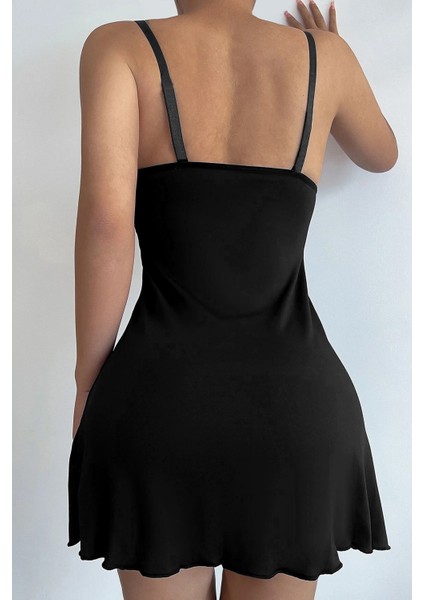 Kadın Siyah Askılı Beli Dantelli Göğsü Fiyonklu Şık Gecelik fiyatları