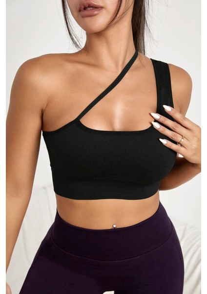 Kadın Siyah Tek Omuzlu Çapraz Askılı Crop Top Büstiyer