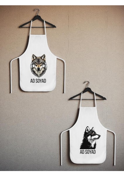 Kurt Teması Baskılı Isme Özel 2'li Keten Mutfak Önlüğü