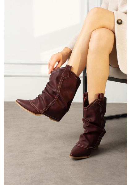Livinya Kadın Kovboy Bot Körüklü Bordo Mat Deri