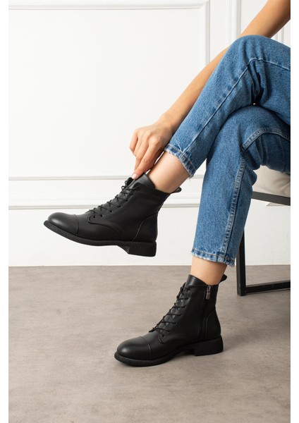 Marcello Kadın Bot&bootie Kauçuk Tabanlı Bağcıklı Siyah Deri