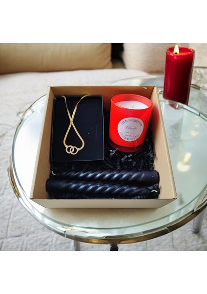 Hediye Seti-Kokulu Kırmızı Bardak Mum-Halka Kolye+Burgulu Mum