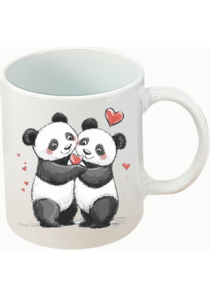Kalpli Sevimli Panda Baskılı Beyaz Kupa Bardak Doğum Günü Hediyesi