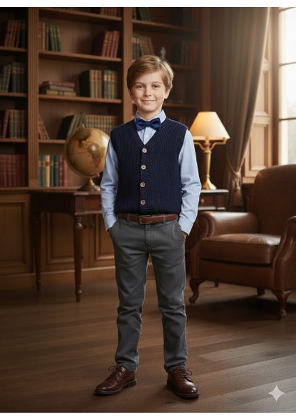 Erkek Çocuk Selanik Örgü Düğmeli Triko Yelek Abiye & Günlük Şık Kombin 5-8 Yaş