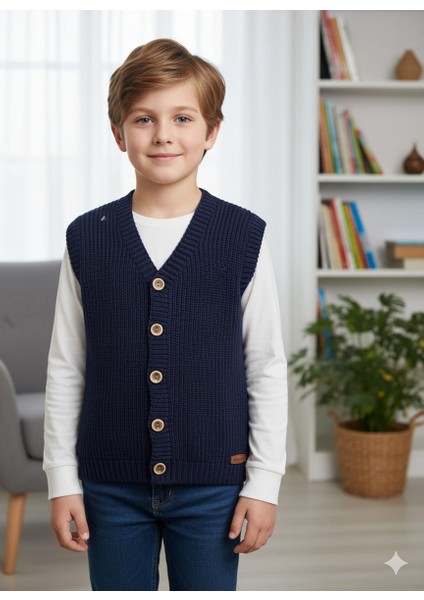 Erkek Çocuk Selanik Örgü Düğmeli Triko Yelek Abiye & Günlük Şık Kombin 5-8 Yaş