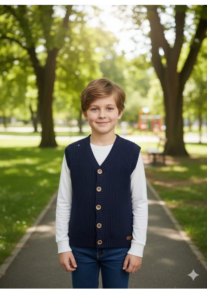 Erkek Çocuk Selanik Örgü Düğmeli Triko Yelek Abiye & Günlük Şık Kombin 5-8 Yaş