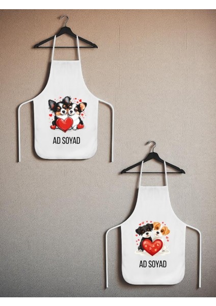 Kalpli Köpek Baskılı Isme Özel 2'li Keten Mutfak Önlüğü