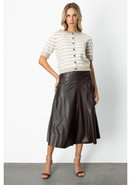 Kadın Dikiş Detaylı Midi Boy Deri Etek 64201 Kahverengi