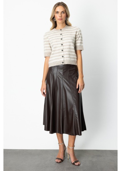 Kadın Dikiş Detaylı Midi Boy Deri Etek 64201 Kahverengi fiyatları