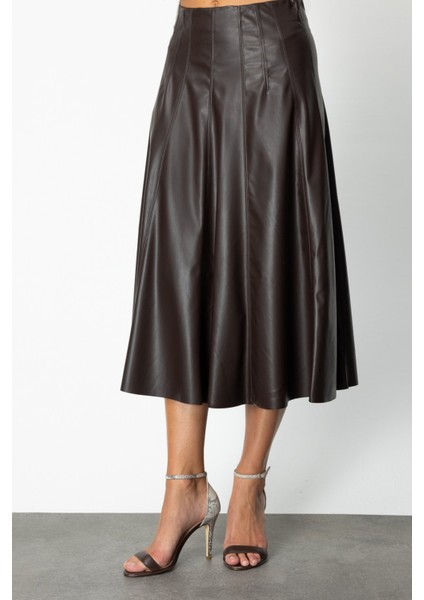 Kadın Dikiş Detaylı Midi Boy Deri Etek 64201 Kahverengi modelleri