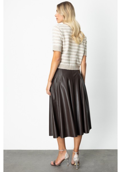 Kadın Dikiş Detaylı Midi Boy Deri Etek 64201 Kahverengi fırsatları