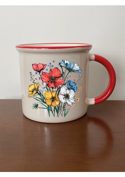 Rengarenk Çiçekler Baskılı Ağzı Kırmızı Kupa Bardak Doğum Günü Hediyesi