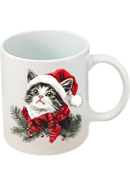 Yılbaşında Sevimli Kedi Baskılı Beyaz Kupa Bardak Yılbaşı Yeni Yıl Hediyesi