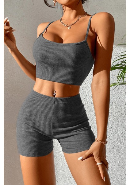 Kadın Antrasit Gri Şortlu Kaşkorse Gecelik Takım