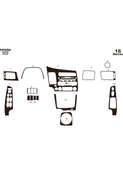 Honda Civic Konsol-Torpido Kaplama 2006-201 16 Parça Koyu Meşe