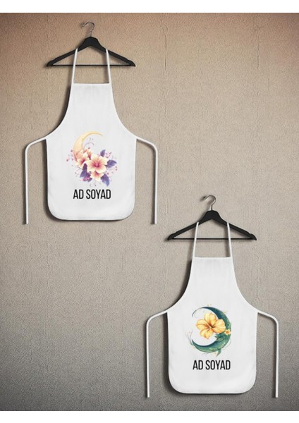 Çiçek ve Ay Baskılı Isme Özel 2'li Keten Mutfak Önlüğü