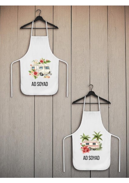 Çiçek ve Karavan Baskılı Isme Özel 2'li Keten Mutfak Önlüğü