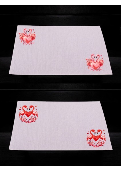 Kalp ve Flamengo Baskılı Mutfak Masası 2'li Keten Servis Bezi 28X40 cm Amerikan Servis