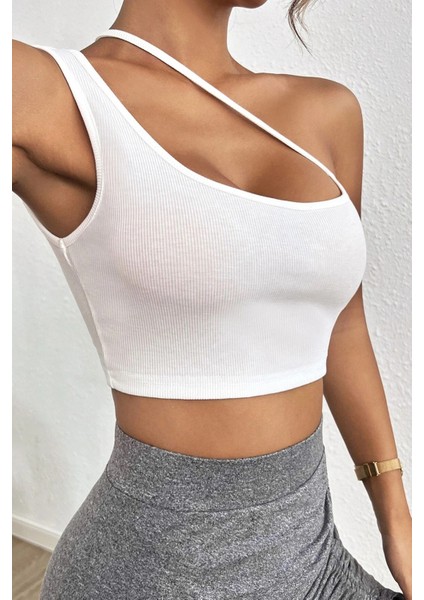 Kadın Beyaz Tek Omuzlu Çapraz Askılı Crop Top Büstiyer