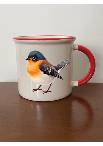 Tatlı Kuşlu Kırmızı Ağızlı Kupa Bardak Sevgiliye Hediye - Seramik Çay, Kahve Hediyelik Bardağı