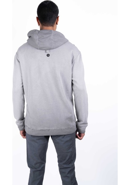 Erkek Regular Fit Kapüşonlu Baskılı Yıkama Efektli Gri Sweat