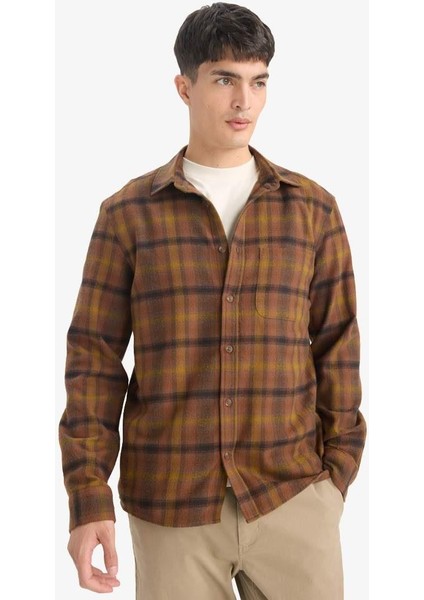 Regular Fit Polo Yaka Kareli Flanel Uzun Kollu Gömlek E8183AX25WN modelleri