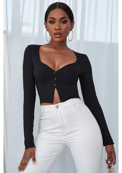Kadın Siyah Uzun Kollu Düğmeli Göğüs ve Göbek Dekolteli Crop Top Bluz fırsatları