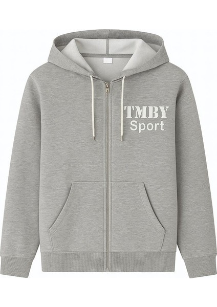 Tam Fermuarlı Kapüşonlu Gri Erkek Sweatshirt Erkek Gri Sweatshirt Tmby Baskılı