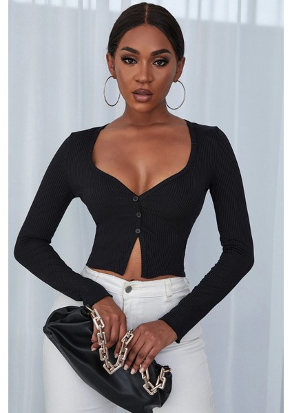 Kadın Siyah Uzun Kollu Düğmeli Göğüs ve Göbek Dekolteli Crop Top Bluz