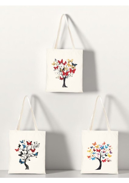 Kelebekli Ağaç Baskılı Bez Çanta 3'lü Omuz Çantası - Büyük Bez Çanta