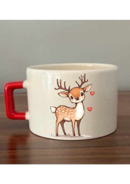 Kalpli Sevimli Geyik Baskılı Kahve Fincanı Kupa Bardak Doğum Günü Hediyesi