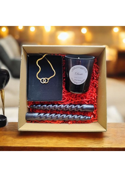 Hediye Seti-Kokulu Siyah Bardak Mum-Halka Kolye+Burgulu Mum