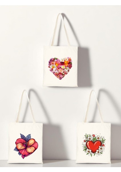 Kalpli Baskılı Bez Çanta 3'lü Omuz Çantası - Hediye Kadın Sevgiliye Hediye