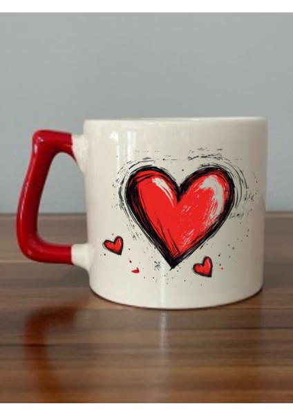 Kalp Baskılı Kırmızı Kulplu Kupa Bardak Doğum Günü Hediyesi - Anne Baba Hediyesi