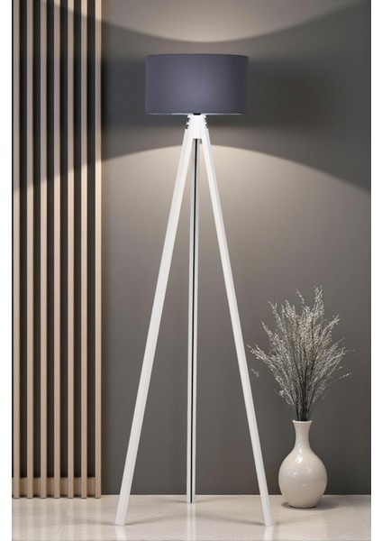 Ahşap Gövdeli Beyaz Ayak Lambader Antrasit Başlık