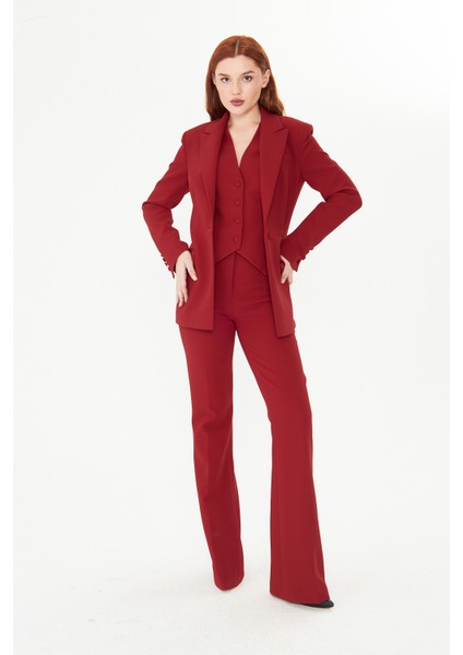 Bordo Ceket Yelek Pantolon Takım Kadın Blazer Takım Elbise - Ofis Şık Business Casual Moda Trend