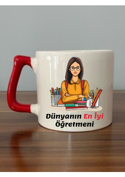 Öğretmene Hediyelik Kırmızı Kulplu Kupa Bardak Öğretmenler Günü Hediyesi