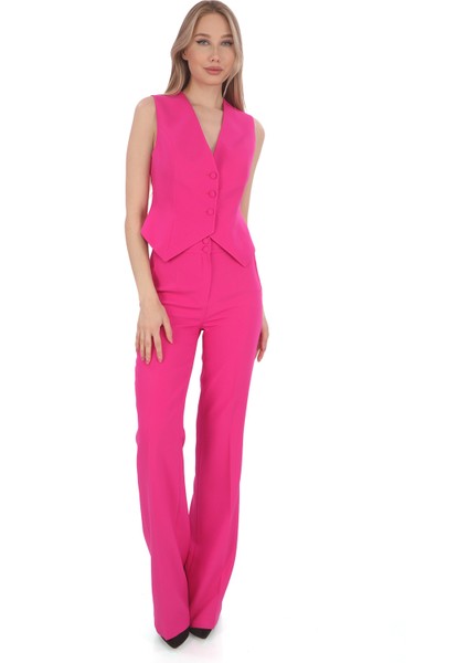 Fuşya Krep Slim Fit Yelek Pantolon Takım - Özel Davet, Ofis Için Şık Kombin