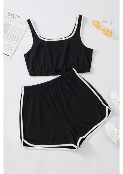 Kadın Siyah Askılı Crop Top ve Şortlu Gecelik Takım