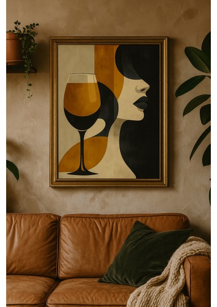 Wine Reflection – Kadın Silüeti ve Şarap Kadehi Temalı Dekoratif Duvar Tablosu (Çerçeveli)