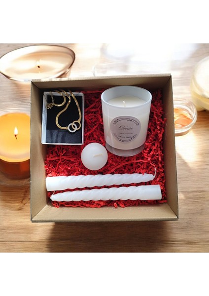 Hediye Seti-Kokulu Beyaz Bardak Mum-Halka Kolye+Burgulu Mum-Yüzen Mum