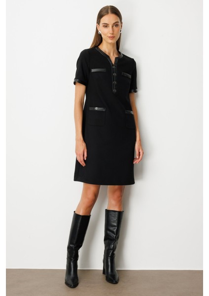 Kadın Deri Detaylı Midi Elbise 4083 Siyah