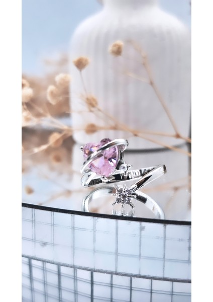 Halkalı Kalp Figürlü Çelik Kaplama Yüzük