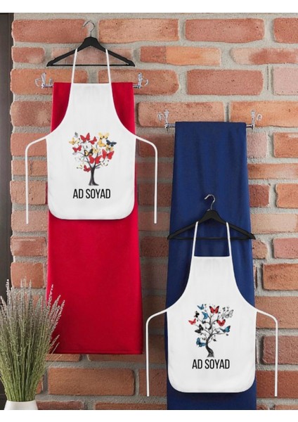 Kelebekli Ağaç Baskılı Isme Özel 2'li Keten Mutfak Önlüğü