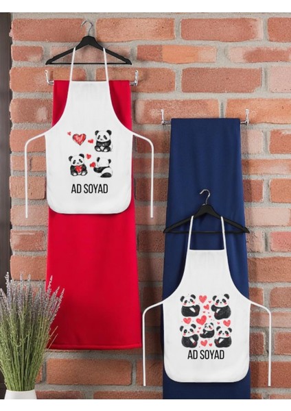 Kalp ve Panda Baskılı Isme Özel 2'li Keten Mutfak Önlüğü