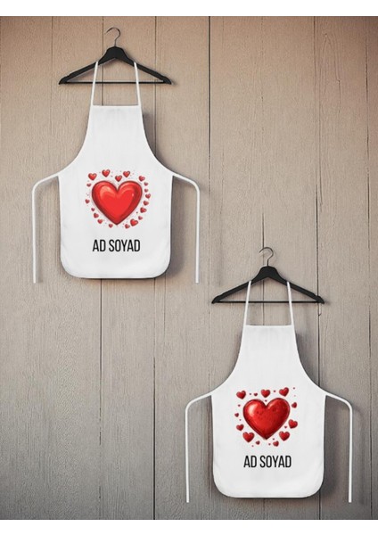Kalp ve Kalpler Baskılı Isme Özel 2'li Keten Mutfak Önlüğü