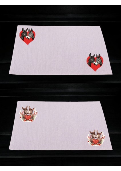 Kalp ve Eşek Baskılı Mutfak Masası 2'li Keten Servis Bezi 28X40 cm Amerikan Servis