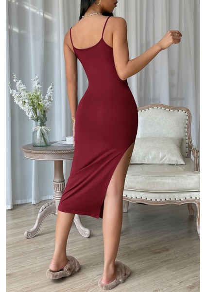 Kadın Bordo Yırtmaçlı Diz Altı Vücüdu Saran Gecelik fiyatları